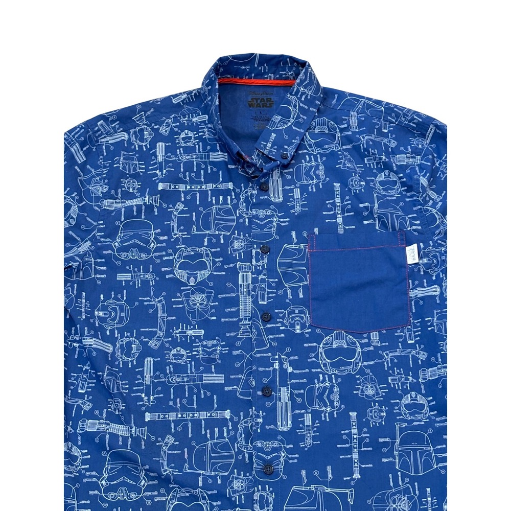 Disney Parks Star Wars Boba Fett Darth Vader ButtonUp Shirt L Short Sleeve Blue
